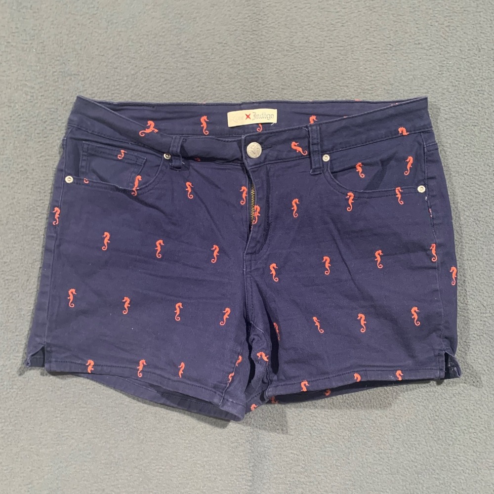 Love Indigo Womens Navy Blue Seahorse Print Chino Shorts Size 14 Nautical Summer